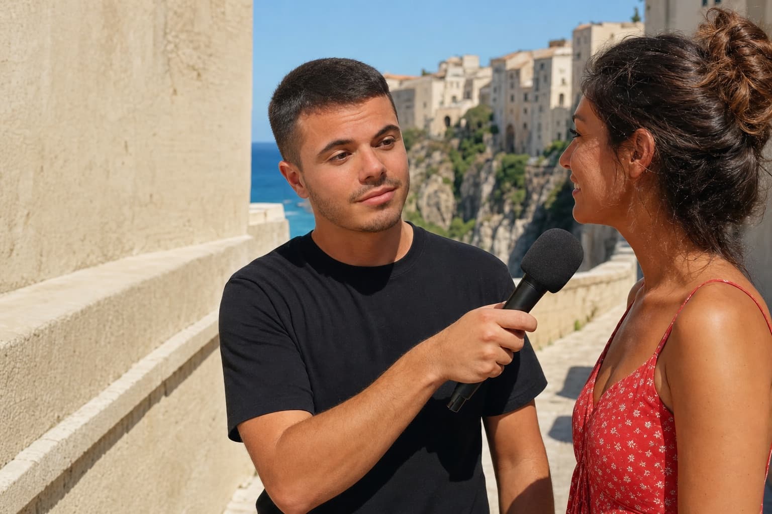 Il frontman di Tropea Talks intervista una persona con il borgo di Tropea sullo sfondo